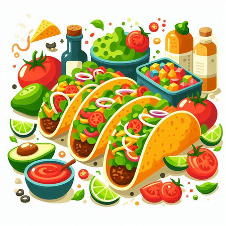 Mexican tacos with guacamole, salsa, guacamole, cheese, lettuce, tomatoes and onion. Vector illustrationのイラスト素材