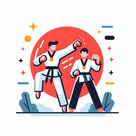 Taekwondo. Vector illustration in flat cartoon style. The concept of martial arts.のイラスト素材