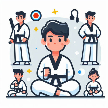 Taekwondo and karate training vector illustration. Cartoon taekwondo and karate training.のイラスト素材