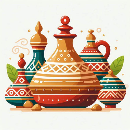 Colorful pottery vector illustration in flat style. Ceramic pottery background.のイラスト素材
