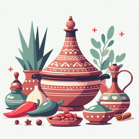 Hand drawn vector illustration of clay pot with spices and herbs. Vintage style.のイラスト素材
