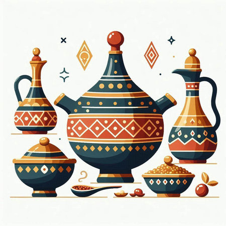 Vector set of teapots in ethnic style. Vector illustration.のイラスト素材