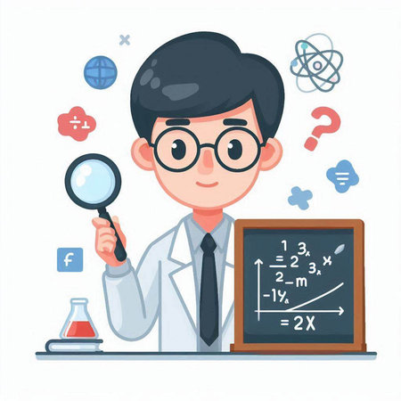 Scientist with magnifying glass and blackboard. Vector illustration.のイラスト素材