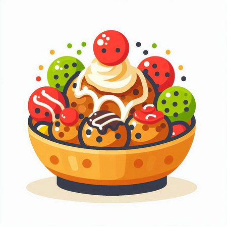 Bowl with ice cream, waffle cones, candies and berries. Vector illustration.のイラスト素材