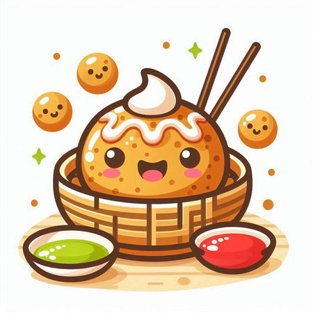 Illustration of kawaii takoyaki in a basketのイラスト素材