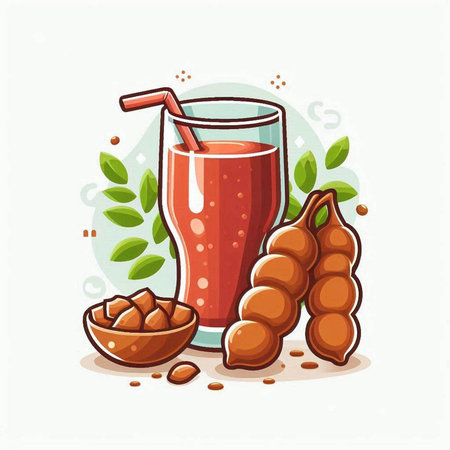 Fresh tamarind juice in glass and ripe tamarind fruits. Vector illustration.のイラスト素材