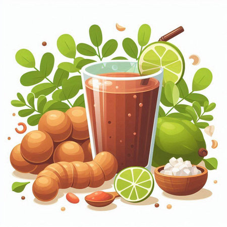Cocktail with lime, sugar, cinnamon, nuts and lemon. Vector illustration.のイラスト素材