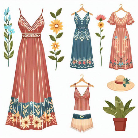 Set of summer clothes and accessories. Vector illustration in hand drawn style.のイラスト素材