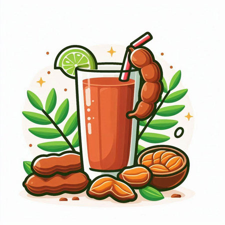 Vector illustration of a glass of fresh smoothie with fruits and nuts.のイラスト素材