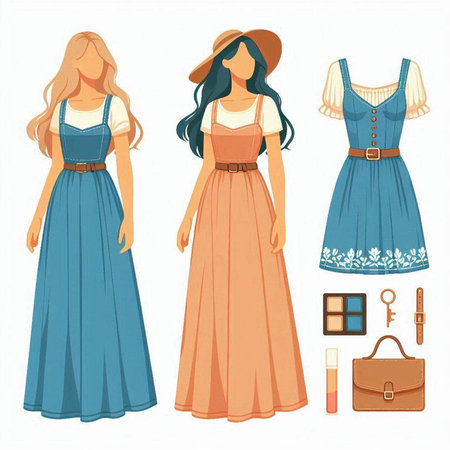 Vector illustration of a set of women's clothing and accessories. Vintage style.のイラスト素材