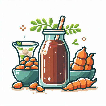 Tamarind smoothie in glass bottle and ingredients. Vector illustration.のイラスト素材