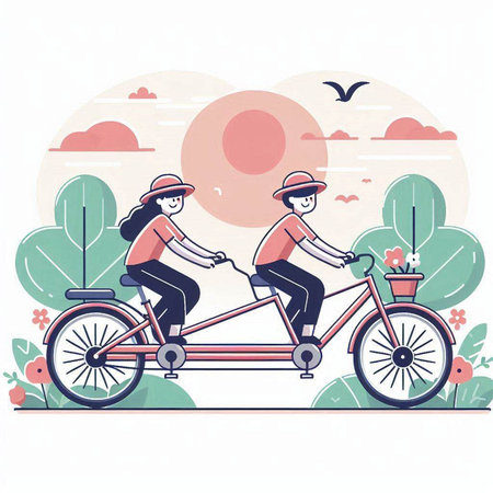 Couple riding bicycle in the park. Vector illustration in flat styleのイラスト素材