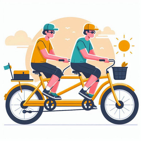 Man and woman riding a tandem bicycle in the park. Flat vector illustration.のイラスト素材