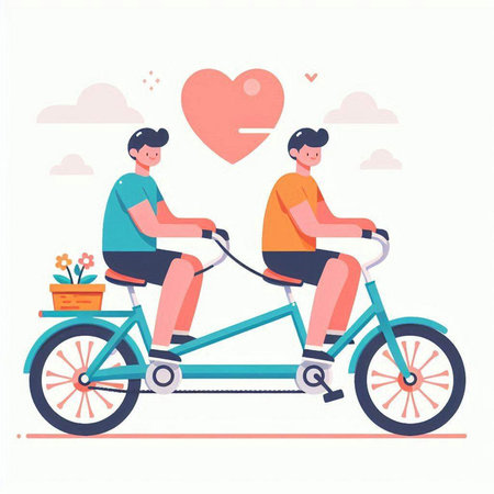 Couple in Love riding a tandem bike. Vector illustration in flat styleのイラスト素材