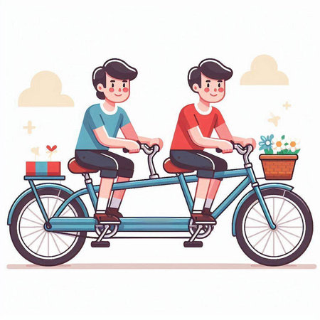 Father and son riding a tandem bicycle. Flat style vector illustration.のイラスト素材