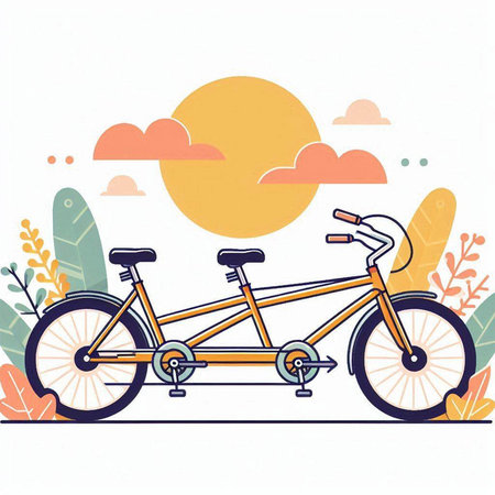 Vector illustration of a bicycle with a sun in the background. Flat style.のイラスト素材