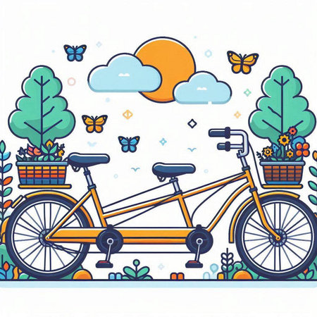 Bicycle with flowers and butterflies. Vector illustration in flat style.のイラスト素材