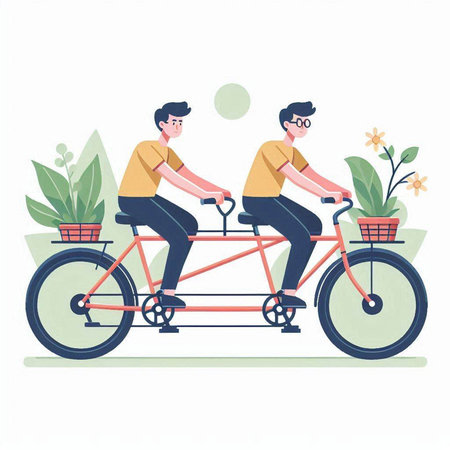 Young couple riding a tandem bicycle. Vector illustration in flat style.のイラスト素材