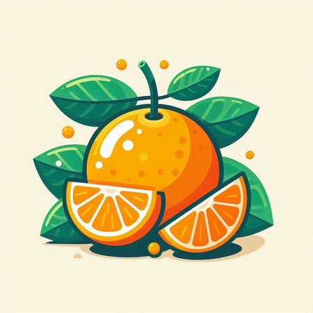 Orange fruit icon with leaves and slices. Vector illustration in cartoon style.のイラスト素材