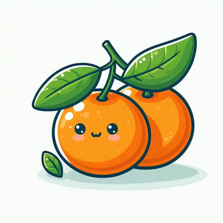 Cute cartoon tangerine character with green leaves. Vector illustration.のイラスト素材