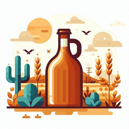 Olive oil in a bottle on the background of the desert. Vector illustrationのイラスト素材