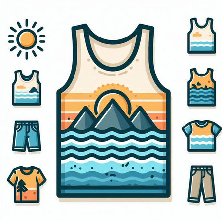 Flat line icon set of summer clothing and accessories. Vector illustrationのイラスト素材