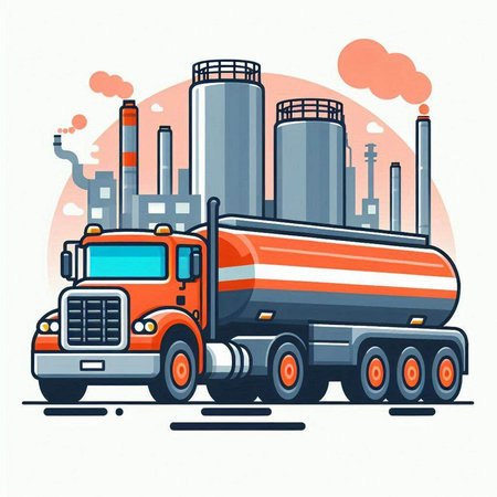 Truck with a tanker on the background of the factory. Vector illustration.のイラスト素材