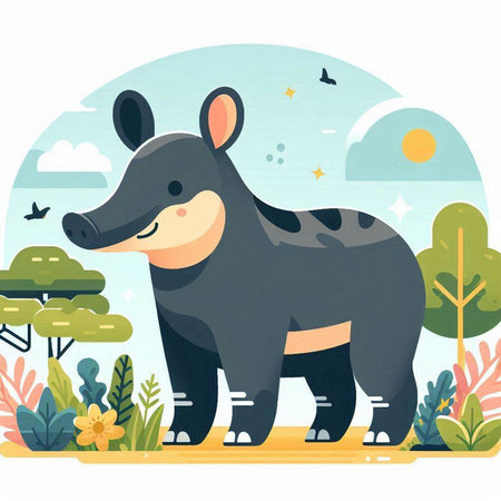 Hippopotamus in the park. Flat style vector illustration.のイラスト素材