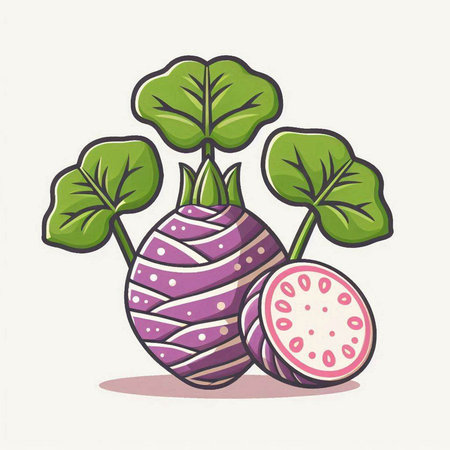 Cute kohlrabi with green leaves. Vector illustration.のイラスト素材