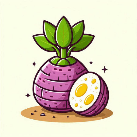 Illustration of a Purple Turnip with Green Leaves and Halvesのイラスト素材