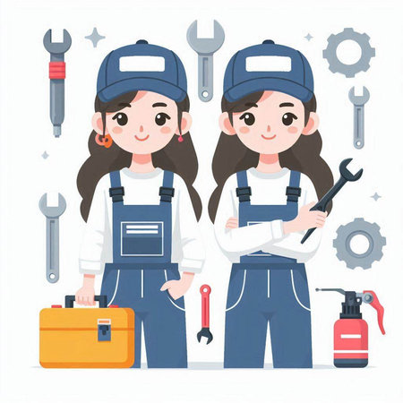 Two female workers in overalls with tools in their hands. Vector illustration.のイラスト素材