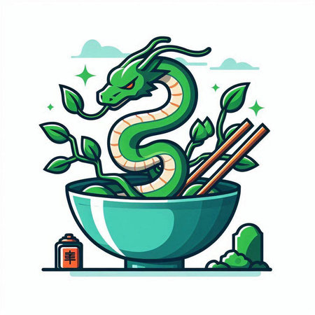 Vector illustration of a green snake in a bowl with chopsticks.のイラスト素材