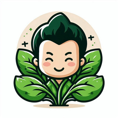 Cute boy with green leaves in his hair. Vector illustration.のイラスト素材