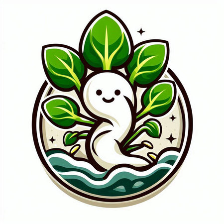 Illustration of a smiling radish with leaves in a circle isolated on a white backgroundのイラスト素材