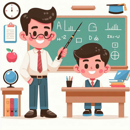 Vector illustration of a teacher teaching a boy in the classroom with a pointerのイラスト素材