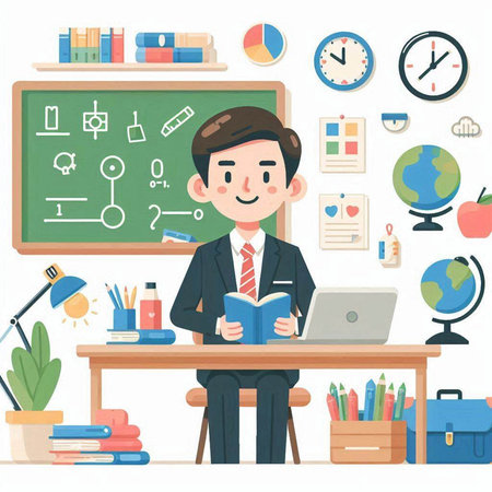 Male teacher sitting at the desk with books and laptop. Vector illustration.のイラスト素材