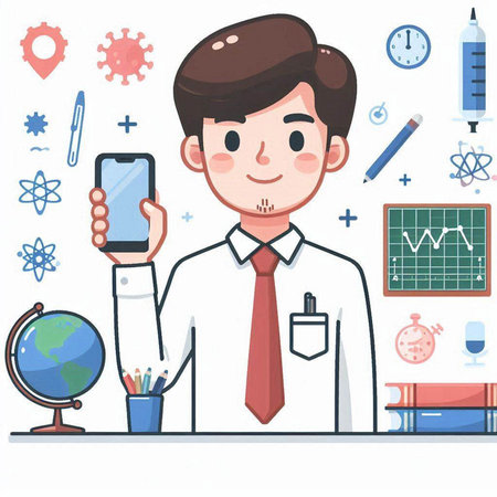 Illustration of a young male scientist in a lab coat holding a smartphoneのイラスト素材