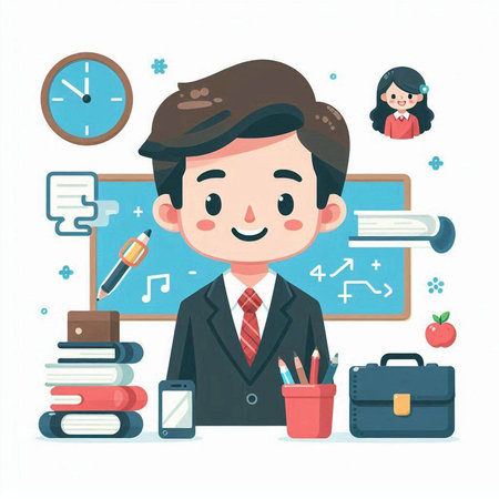 Male teacher in front of blackboard. Flat style vector illustration.のイラスト素材