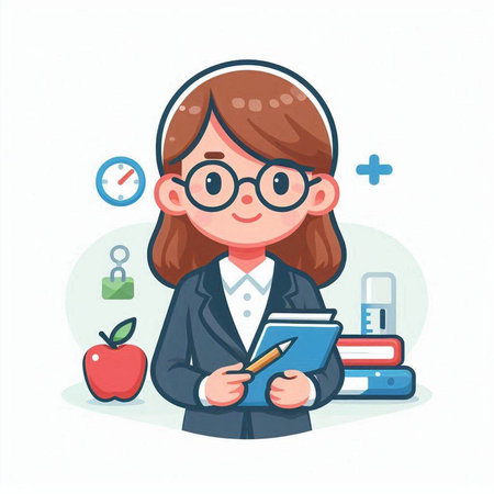 Girl in school uniform with book. Vector illustration in cartoon style.のイラスト素材