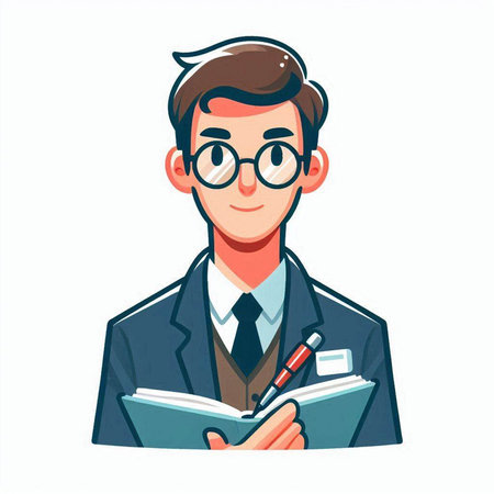 Young man in business suit and glasses writing in notebook. Vector illustrationのイラスト素材