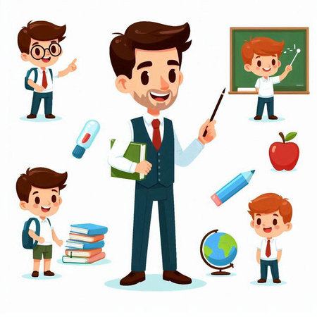 Vector illustration of a teacher, student, schoolboy. Isolated on white background.のイラスト素材