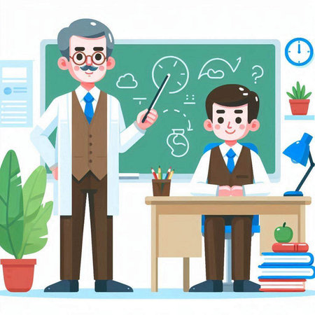 Teacher and student in classroom. Vector illustration in cartoon style.のイラスト素材