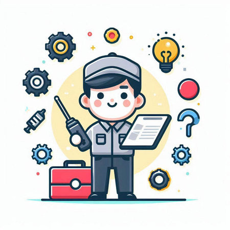 Cartoon mechanic with tools. Vector illustration in a flat style.のイラスト素材