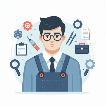 Businessman in overalls and glasses. Flat style vector illustration.のイラスト素材