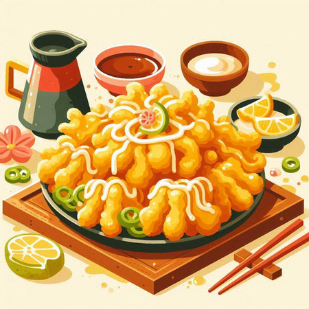Illustration of a plate of Tempura with sauce and chopsticksのイラスト素材