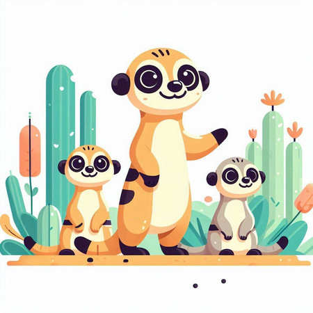 Cute vector illustration of funny meerkat family in the desertのイラスト素材