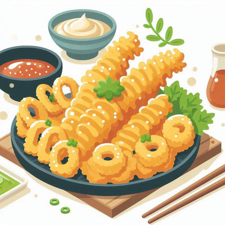 Illustration of fried squid rings on a plate with sauce and chopsticksのイラスト素材
