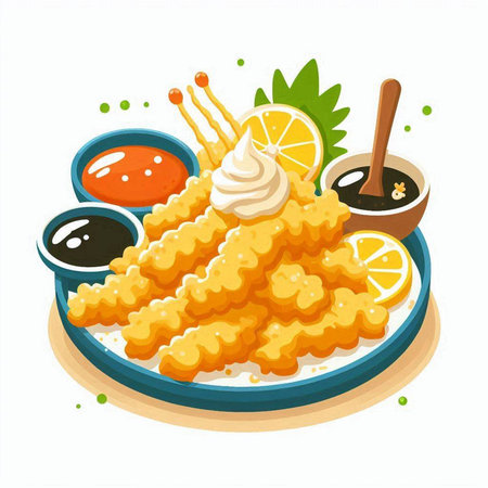 Illustration of deep fried squid with sauce on plate. Vector illustrationのイラスト素材