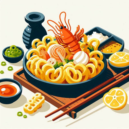 Noodles with shrimps and vegetables. Vector illustration.のイラスト素材