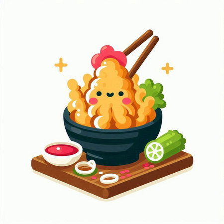 Illustration of kawaii japanese tempura with chopsticksのイラスト素材